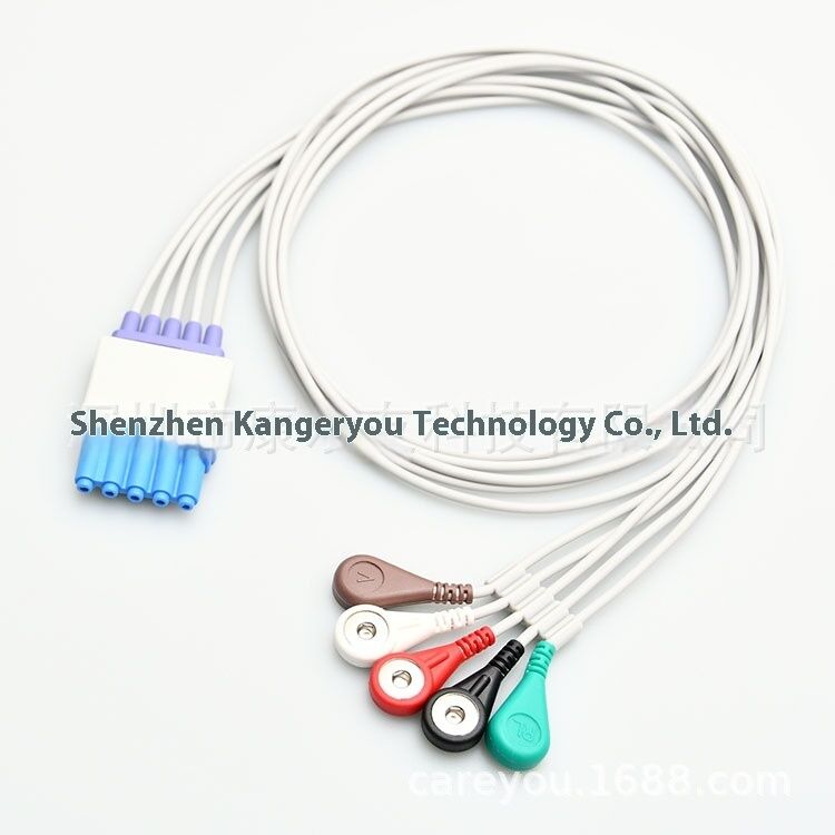 Adult Buckle ECG Connection Cable KB3-FS5A Five-Lead Wire Compatible CE Certified Class I 0.5m